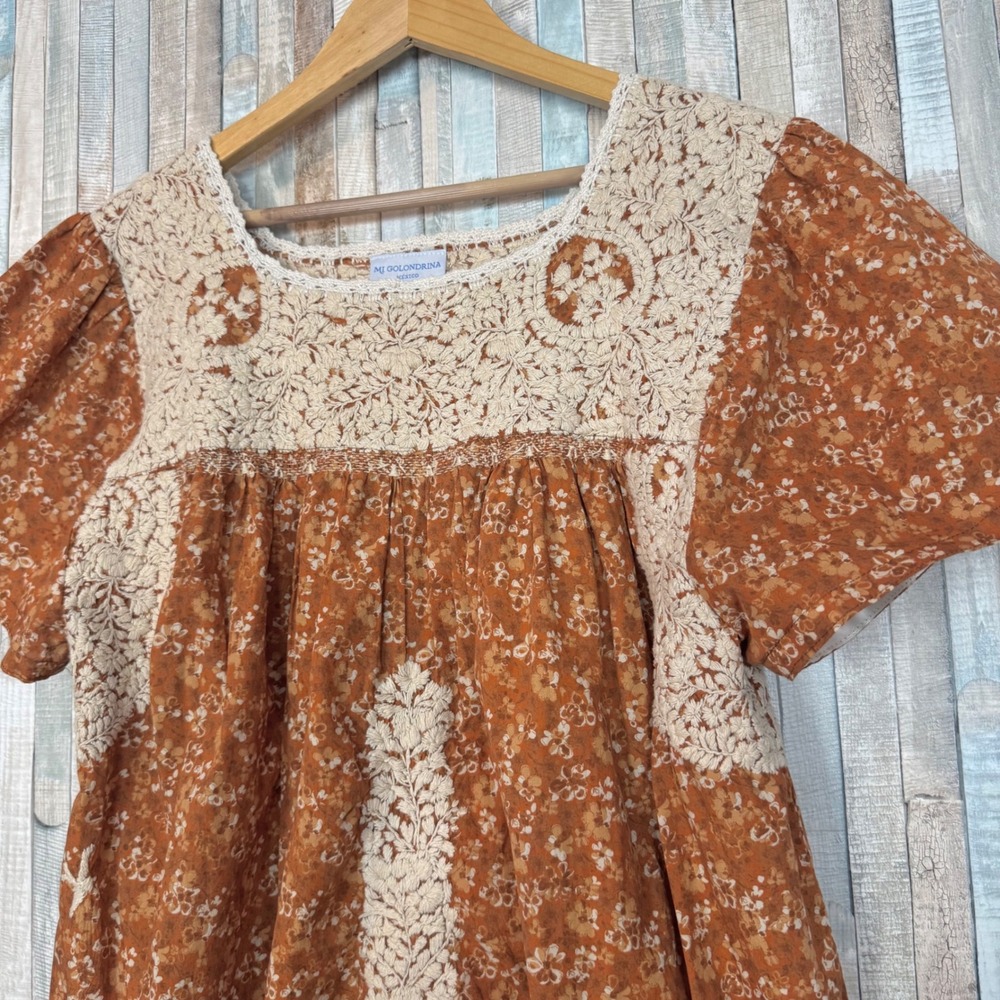 Mi Golondrina Mexico Hand Embroidered Floral Mini A Line Dress Rust 2X XXL XL - Picture 3 of 6